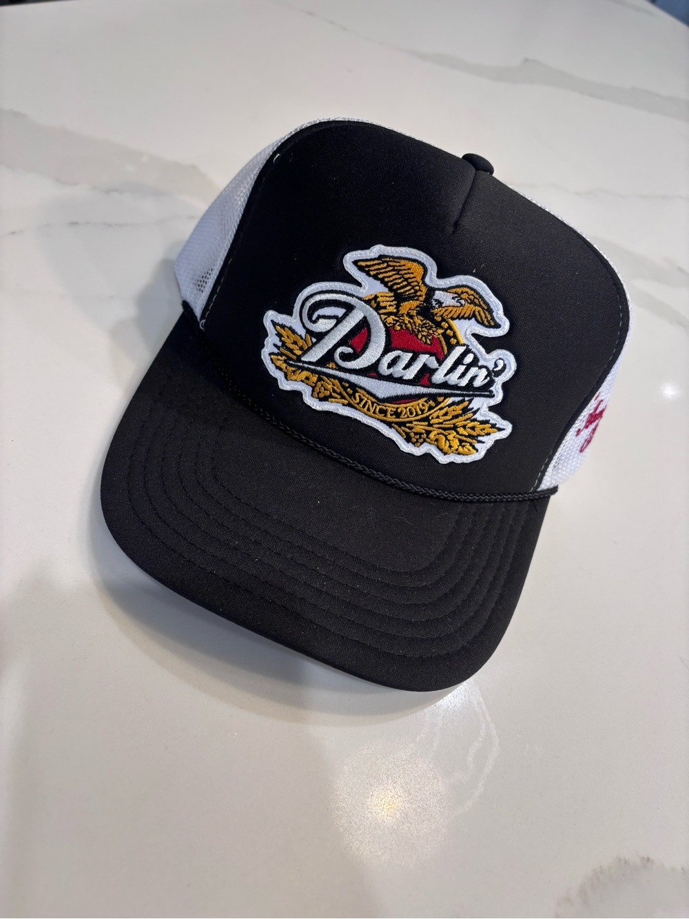 Darlin Black & White Trucker Cap with Eagle Patch NWOT